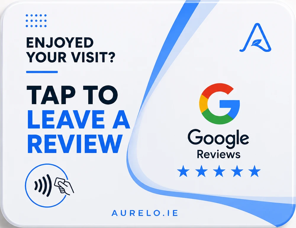 An aurelo NFC review card: “Enjoyed your visit? Tap to leave a review”, the Google Reviews mark and five stars.